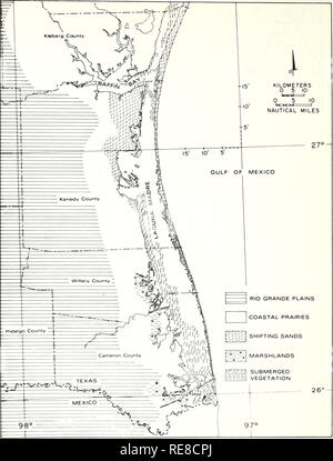 . Kooperative Golf von Mexiko Mündungs- bestand und Studie, Texas: Bereich Beschreibung / Richard A. Diener. Ästuare Texas. Abbildung 6.-Major vegetative Bereiche entlang der unteren Texas Küste. Viel von der Laguna Madre nicht durch Untertauchen Vegetation besetzten stellt Wind Böden mit wenig oder keine Vegetation. (Geändert: Correll und Johnston 1970; unveröffentlichte daU, Texas Parks und Wildlife Department). 18. Bitte beachten Sie, dass diese Bilder extrahiert werden aus der gescannten Seite Bilder, die digital haben für die Lesbarkeit verbessert - Färbung und Aussehen dieser Abbildungen können nicht perfectl Stockfoto