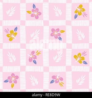 Bunten Tropischen exotischen Pflanzen, Hibiskus Hand-Drawn Plaid Floral Vektor nahtlose Muster. Palm karierten Hintergrund. Üppige Tropische Blüten Stock Vektor