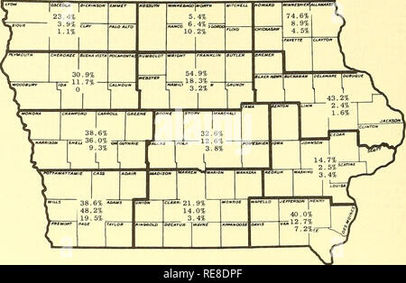 . Kooperative Wirtschaftsbeziehungen insekt Bericht. Nützlinge und Schädlinge. - 890 - Befall durch drei Mais Insekten in Iowa, Herbst 1958. Obere zahlen - % der Halme geplagt mit Mais Blatt gegen Blattläuse (Mittelwert: 34,9) Mitte zahlen - % der Ohren beschädigt durch die Mais-ohrwurm (Durchschnitt 15,0) niedrigere Zahlen - % der Unterbringung aufgrund der Angriff von Mais Narbenfäden (Durchschnitt 5,6) Bei dieser Umfrage die gleichen Felder und Pflanzen in den Maiszünsler Umfrage untersucht verwendet wurden. Die Präsenz der Blattläuse auf einer Anlage wurde als ausreichend angesehen, dass die Anlage als befallen. Schäden, die auf dem Ohr durch die Mais-ohrwurm Stockfoto