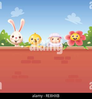 Gerne Freunde feiern Feder hinter der Wand - Hase Huhn Schaf- und Blume Stock Vektor