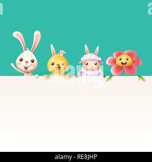 Ostern figuren bunny Huhn Schaf und Blüten an der Spitze der Billboard - turqouise Hintergrund isoliert Stock Vektor