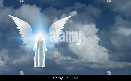 Abbildung in Weiß Mantel steht vor winged Star in bewölkten Himmel Stockfoto