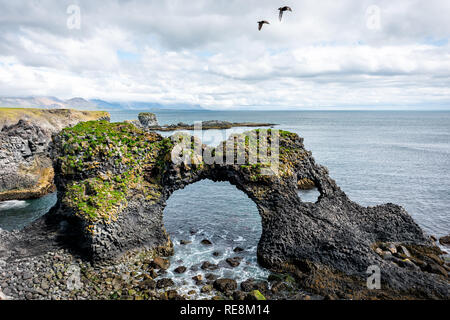 Landschaft Blick auf berühmte Gatklettur Arch Rock in der Nähe von hellnar National park Snaefellsnes Halbinsel in Island mit zwei Vögel fliegen auf Sommer Tag Stockfoto