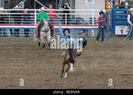 CODY, Wyoming - 29. JUNI 2018: Cody Stampede Park Arena. Cody ist der Rodeo Haupstadt der Welt. 2018 markiert den 80. Jahrestag der abendlichen Aufführungen. Stockfoto