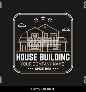 Haus Bau Unternehmen Identität mit Suburbanen amerikanischen Haus. Vector Illustration. Dünne Linie Symbol, Badge, Zeichen für Immobilien-, Gebäude- und Bauunternehmen. Stock Vektor