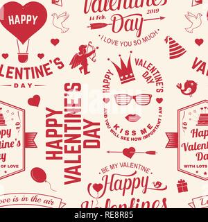 Happy Valenyines Tag Hintergrund oder Tapeten. Vektor. Design für Banner, Poster oder Drucken mit Herz und Schlüssel, Vogel, Amur, Pfeil. Vektor. Valentines Tag nahtlose Muster für Februar 14 Feier Stock Vektor