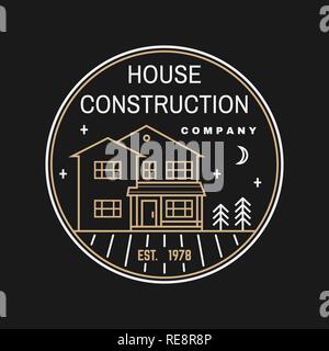 Haus Bau Unternehmen Identität mit Suburbanen amerikanischen Haus. Vector Illustration. Dünne Linie Symbol, Badge, Zeichen für Immobilien-, Gebäude- und Bauunternehmen. Stock Vektor