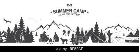 Sommer Camp nahtlose Muster. Vector Illustration. Outdoor Adventure Hintergrund für Tapeten oder Wrapper. Nahtlose Szene mit Bergen, Bär, Hund, Frau, Mann mit der Gitarre am Lagerfeuer sitzen. Stock Vektor