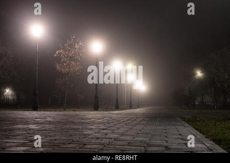 Schöne nebligen Abend im Herbst Gasse mit brennenden Laternen. Wanderweg im Stadtpark, in der Nacht im Nebel mit Straßenbeleuchtung ausgestattet. Stockfoto