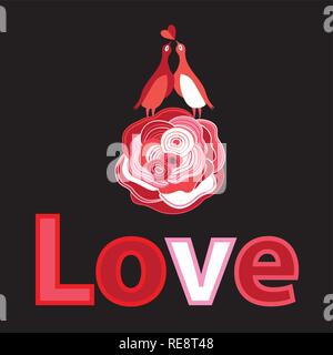 Festliche Grußkarte in der Liebe mit Vögel und Blumen auf einem dunklen Hintergrund Stock Vektor