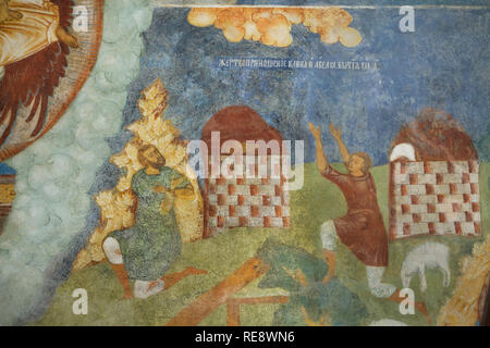 Kain und Abel, die Ihre Angebote zu Gott. Fresko von Russische Ikone Maler Gury Nikitin und Sila Savin (1680) im Norden Galerie (papert) der Kirche von dem Propheten Elia in Jaroslawl, Russland. Stockfoto