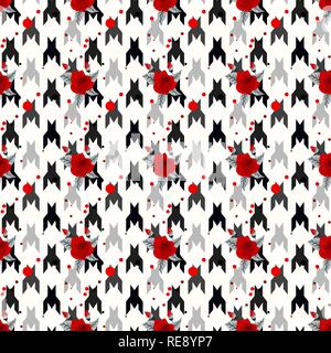 Jagdhunde - Zahn nahtlose Vektor patternwit rote Blume. Geometrische Drucken in Schwarzweiß und Farbe. Klassischen englischen Hintergrund Glen plaid Glenurquhart ch Stock Vektor