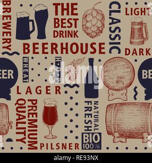 Typografische vektor Bier nahtlose Muster oder Hintergrund. Arten von Bier und handgezeichnete Illustrationen für Bar, Pub, Café, fest und Verpackung. Stock Vektor