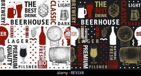 Typografische vektor Bier nahtlose Muster oder Hintergrund. Arten von Bier und handgezeichnete Illustrationen für Bar, Pub, Café, fest und Verpackung. Stock Vektor