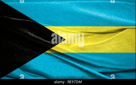 Realistische Flagge Bahamas auf die gewellte Oberfläche des Gewebes. Perfekt für Hintergrund oder Textur. Stockfoto