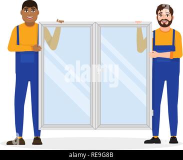 Die Bauarbeiter in Overalls halten, installieren Sie ein Fenster aus Kunststoff Fenster, Flachbild zeichen Vector Illustration Stock Vektor