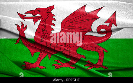 Realistische Flagge von Wales an den gewellten Oberfläche des Gewebes. Perfekt für Hintergrund oder Textur. Stockfoto