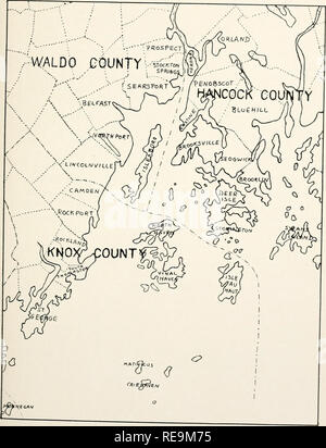 . Beiträge aus der Osborn botanischen Labor. Pflanzen. Abbildung 1. - Karte der Penobscot Bay Region, Maine, die Lage in den Townships, die den Bereich umfassen. Bitte beachten Sie, dass diese Bilder sind von der gescannten Seite Bilder, die digital für die Lesbarkeit verbessert haben mögen - Färbung und Aussehen dieser Abbildungen können nicht perfekt dem Original ähneln. extrahiert. Osborn botanischen Labor. [New Haven?] Osborn Botanical Laboratory, Yale University. Stockfoto