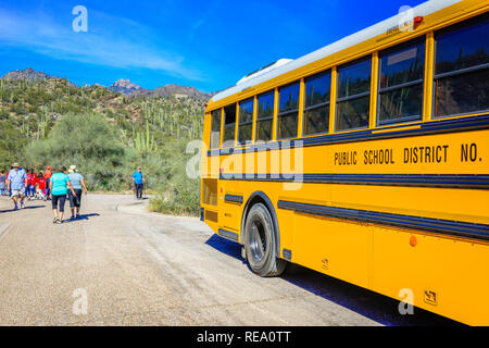 Einen gelben Schulbus liefert und wartet auf die Kinder genießen eine Wanderung im Sabino Canyon Erholungsgebiet in Coronada National Forest in der Nähe von Tucson, AZ Stockfoto