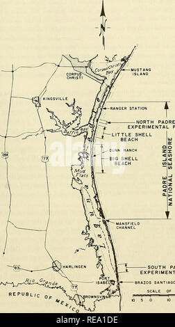 . Konstruktion und Stabilisierung der Küstengebiete foredunes mit Vegetation, Padre Island, Texas. Ufer Schutz; Inseln; Gräser, Sand Dünen. Experimentellen Plots. * 3 South Padre VERSUCHSFLÄCHEN BRAZOS SANTIAGO PASS SKALA VON MEILEN 20 30 Abbildung 1. Karte von Padre Island, Texas. 15. Bitte beachten Sie, dass diese Bilder sind von der gescannten Seite Bilder, die digital für die Lesbarkeit verbessert haben mögen - Färbung und Aussehen dieser Abbildungen können nicht perfekt dem Original ähneln. extrahiert. Dahl, B. E. in Fort Belvoir, Virginia: Coastal Engineering Research Center, US Armee, Korps von Ger Stockfoto