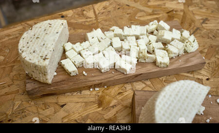 Frische rohe im Alter von Feinkost Käse mit Fenchel an Bord zum Schneiden von Käse auf dem Holztisch. Traditionelle Belarus Käse. Stockfoto