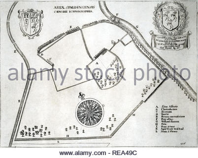 Spalding Abtei, England, war eine kleine Benediktinerabtei Haus in der Nähe von Spalding, Lincolnshire, der Hl. Jungfrau Maria und der hl. Nikolaus gewidmet, Radierung von Böhmische Kupferstecher Wenzel Hollar aus 1600s Stockfoto