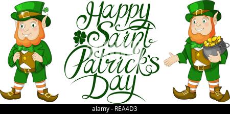 Happy St Patricks Day Feier Karte Elemente mit Hand geschrieben Schriftzug Stock Vektor