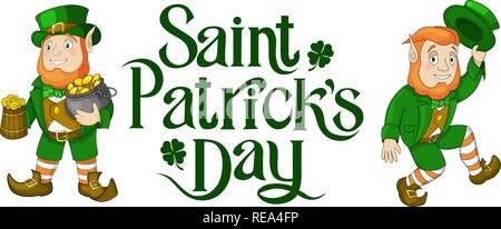 Happy St Patricks Day Feier Karte Elemente mit Hand geschrieben Schriftzug Stock Vektor