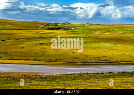 Dorf Brae der Achnahaird mit grünen Wiesen und Weiden mit Schafen in der Nähe von achnahaird Beach in Schottland Stockfoto