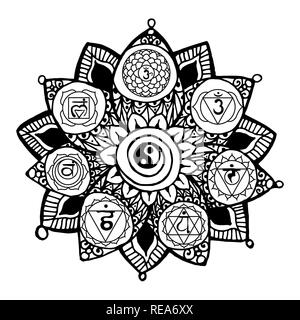 Doodle Stil einfarbig schwarz Line Art Lotus mit Yoga chakren Piktogramm und Hieroglyphen. Vektor Grafik für Print Design, nach Färbung Seite Vorlage Stock Vektor