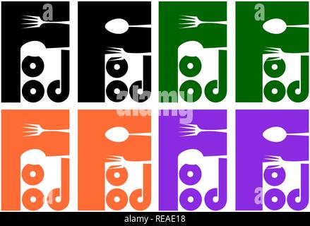 Typografische essen Logo mit Löffel und Gabel negativen Raum Stock Vektor