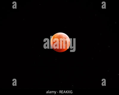 Sheerness, Kent, Großbritannien. 21. Januar, 2019. UK Wetter: Die vollständige super Blut Wolf moon Eclipse wie oben Sheerness in Kent bei rund 5 gesehen, bin heute Morgen. Credit: James Bell/Alamy leben Nachrichten Stockfoto