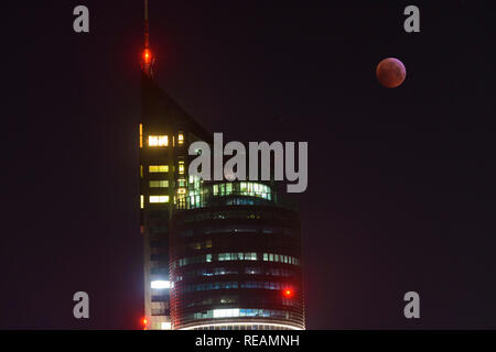 Wien, Österreich. 21. Januar, 2019. Wien, Wien: Lunar Eclipse, Blut Mond, sanguine Mond, Vollmond im Millennium Tower 20. Brigittenau, Wien, Österreich Kredit: volkerpreusser/Alamy leben Nachrichten Stockfoto