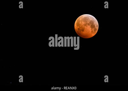 OUDDORP, Niederlande - Januar 21, 2019: Die totale Mondfinsternis, die super bloodmoon mit maximaler am Januar 21, 2019 aus den Niederlanden gesehen. Credit: Corine van Kapel / alamy Leben Nachrichten Stockfoto