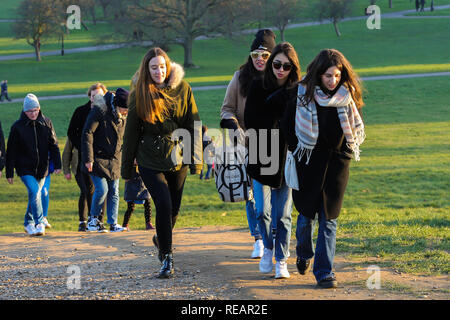 Die Menschen sind an der Primrose Hill an einem kalten, sonnigen Tag in der Hauptstadt gesehen. Stockfoto