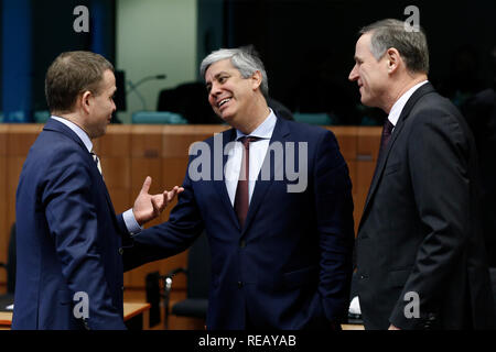 Brüssel, Belgien. 21. Januar 2019. Präsident der Eurogruppe Mario Centeno sorgt sich in der Eurogruppe Finanzminister auf EU-Hauptquartier. Alexandros Michailidis/Alamy leben Nachrichten Stockfoto