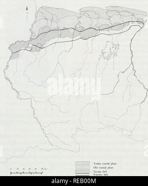 . Die Erhaltung Atlas der tropischen Wälder: In Nord- und Südamerika. Surinam. Junge cotslal pluii x&gt;^J Alten coosla] ForesOY pljin Savana Bell Bell Abbildung 32.1 Die wichtigsten Regionen von Surinam, auf geo-Morphologie, zeigt die Forstwirtschaft Riemen, die Pro-duktion Quelle: afler M. Hermeies El Al (1990); Boxman el Kranke (1987) Industrie, die für 80,7 Prozent der Gesamtwert der Ausfuhren 1980 (SPS, 1988) erfasst. Reis, Bananen, Zitrusfrüchte, Palmöl, Kokosnüsse, Erdnüssen und Gemüse nur im kommerziellen Maßstab erhoben. Diese sind überwiegend in der Jungen Küstenebene gewachsen. Ich Stockfoto