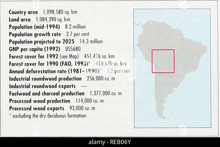 . Die Erhaltung Atlas der tropischen Wälder: In Nord- und Südamerika. 24 Bolivien. Boliviens Wälder Rang 12 in der Welt in Bezug auf die Gegend. Sie enthalten bedeutende Reserven von wertvollen Holz, aber Anmeldung ist sehr selektiv und Holz trägt wenig zur Wirtschaft des Landes. Ausfuhren von nicht verarbeiteten Holzprodukten sind verboten. Wie in den meisten lateinamerikanischen Ländern, den Ausbau der Landwirtschaft und der Besiedlung sind die wichtigsten Ursachen für die Entwaldung in Bolivien. Das System von Schutzgebieten ist bei weitem nicht ausreichend, aber es gibt Vorschläge, um dieses Problem zu beheben. Erhaltung der biologischen Vielfalt in den Ländern versuchen wird zu einem Increasi Stockfoto