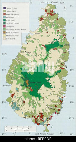 . Die Erhaltung Atlas der tropischen Wälder: In Nord- und Südamerika. Der Kleinen Antillen. Saint Vincent Kanal Abbildung 13.6 Die Vegetation auf St. Lucia wie 1984 abgebildet, die von der Organisation der Amerikanischen Staaten (OAS). bedroht, so kann sogar ausgestorben sein, vermutlich durch die eingeführten Mongoose ausgerottet. Die andere bedrohte Vogel auf der Insel ist der White-Breasted Thrasher Riimphi&gt; cinctiis Brachyurus, die in semi-ariden Wald auf St. Lucia und auch auf Martinique. Es gibt 17 Arten von Reptilien auf der Insel, mit Ausnahme der Meeresschildkröten, fünf dieser endemisch sind und drei sind Intro - Duce Stockfoto