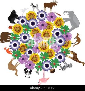 Vector Illustration einer floralen Planet mit Tieren wandern um ihn herum. Stock Vektor