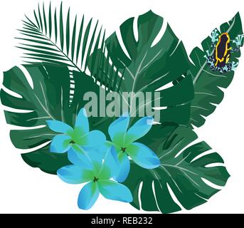 Vector Illustration von tropischen Palmen Blätter, Blüten und Poison dart frog Hintergrund. Natur abstrakt. Stock Vektor