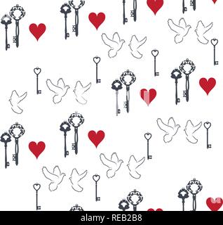 Vector Illustration von Valentine nahtlose Hintergrund mit Schlüsseln und Tauben. Stock Vektor