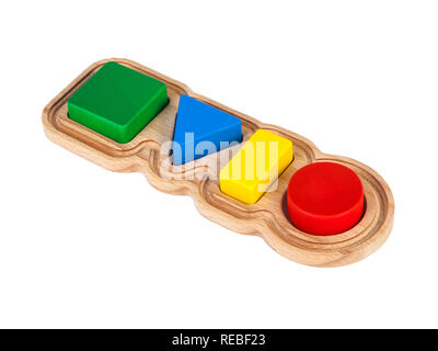 Foto eines Holzspielzeug Kinder Sorter mit kleinen Details in Form von geometrischen Formen (Rechteck, Quadrat, Kreis, Dreieck), in verschiedenen Stockfoto