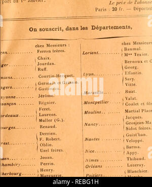 . Comptesrendusheb 1331901 acad.Es NATURELLES. Auf souscrit à Paris, Chez GAUTHIER- VILLARS, Quai des Grands-Augusttns, n°) j. Ich Depuis 835 les Comptes Rendus hebdomadaires paraissenl les, l'une par ordre alphabÃ © TIQUE de matiÃ¨res, l'autre par ordr Teil du i" Janvier.. nliÃ¨rement le Dimanche. Ils forment, à la fin tun l'annÃ©e, deux Volumes in-iÂ°. Deux phab'Ã© tiquedenoms d'Auteurs, terminent chaque Band. L'abonnement annuel Est Est icment fixÃ © ainsi qu'il suit Ã® Anforderungen: 30 fr. Â Union Postale: 34 fr. Ich Henry. AerÃ © VERUNGLIMPFEN" (Marguene lermont-Ferr. Ich Bouy Uey Nourry. Ratel. (Lauverjat. u Stockfoto