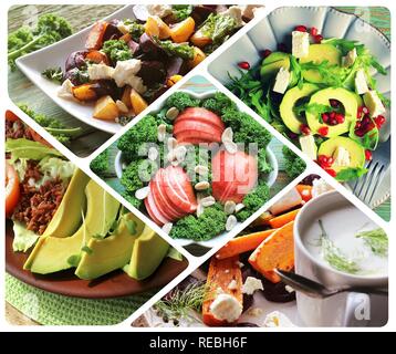 Collage von Fitness Nahrung. Gesundes Frühstück. Vegetarische nahrhafte Salat. Stockfoto