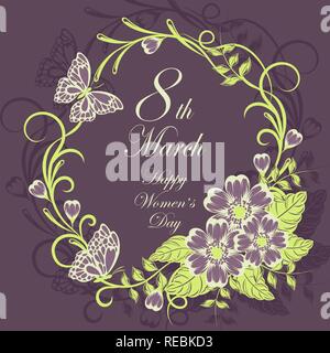 Tag der Frauen Grußkarten mit schönen Blumen auf Violett Hintergrund. Stock Vektor