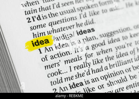 Englische Wort "Idee" und seiner Definition im Wörterbuch hervorgehoben. Stockfoto