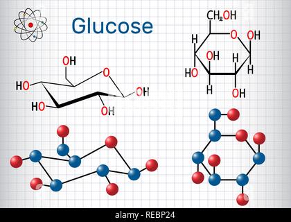 Glucose (Dextrose, D-Glukose) Molekül. Blatt Papier in einem Käfig. Strukturelle chemische Formel und Molekül-Modell. Vector Illustration Stock Vektor