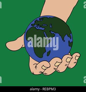 Hand gezeichnete Hand mit blauen und grünen Planeten Erde über Grüner Hintergrund Stock Vektor