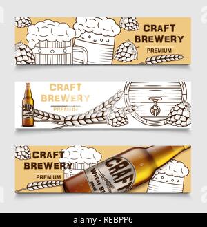 Satz von Bier Brauerei vintage Vektor Banner mit Bier und Hopfen. Poster von Bier, Karte, Skizze Alkohol trinken. Vector Illustration. Stock Vektor
